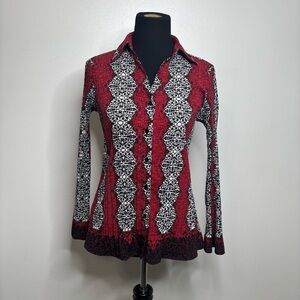 Laura Scott Button Front Top Red Black White Scroll Print Size SP
